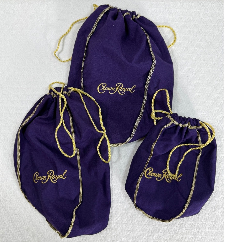 Crown Royal Purple Drawstring Bags Set of 3‎ Gold Embroidery Storage Pouches